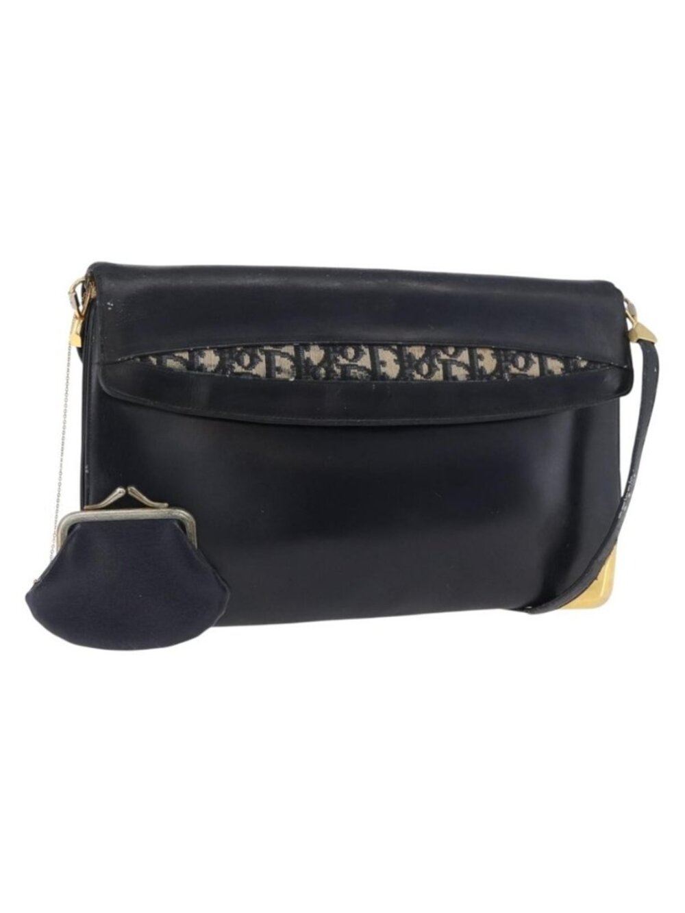 Authentic Christian Dior Shoulder Bag Leather Navy Gold